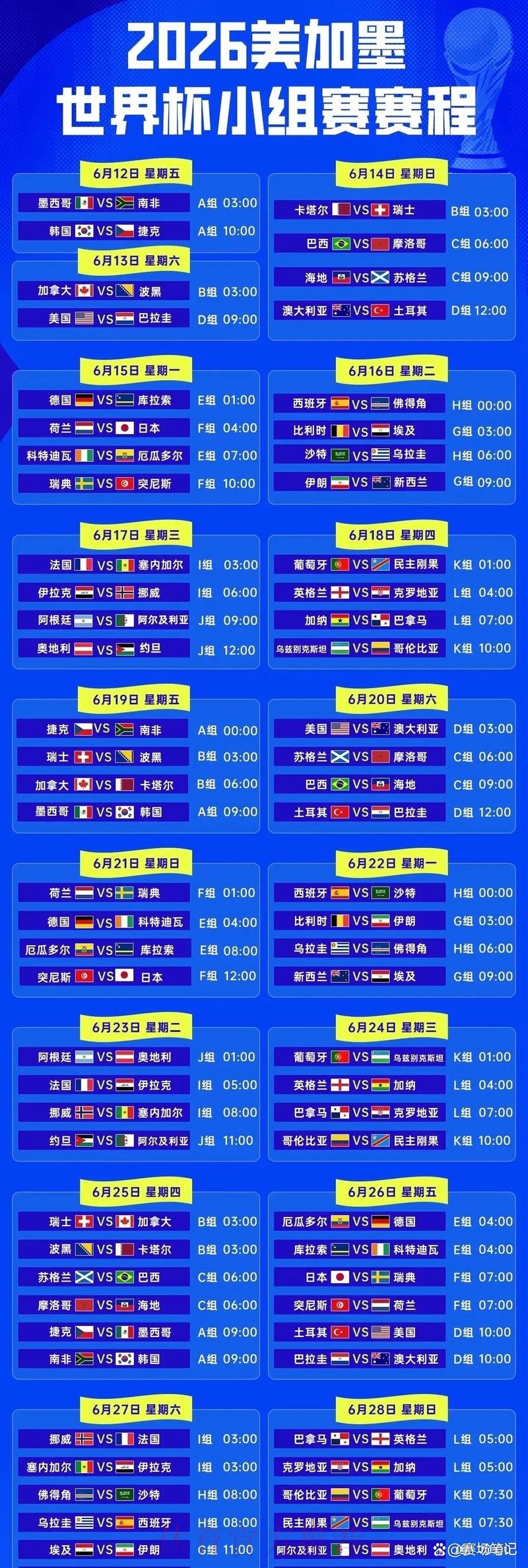 2026世界杯赛事时间安排 2026世界杯赛事时间安排