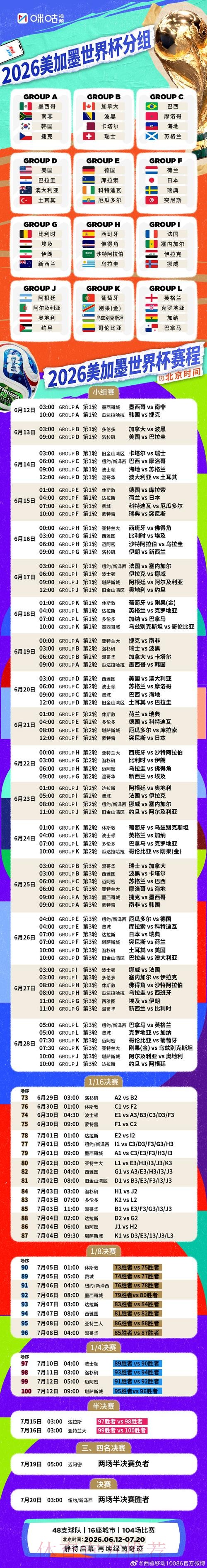 2026世界杯赛事时间安排 2026世界杯赛事时间安排